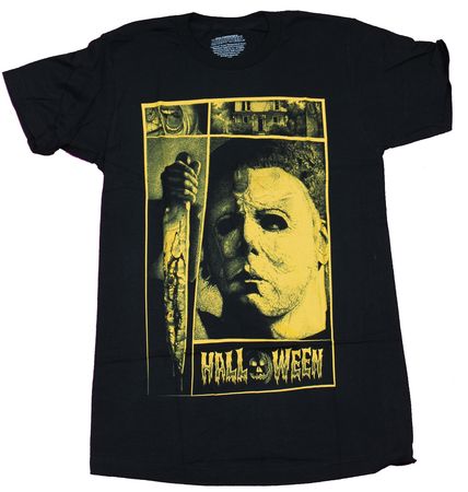 Halloween Movie Mens T-Shirt - Yellow Boxed Photo Michael Myers Knife