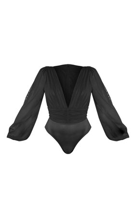 Black Mesh Ruched Waistband Bodysuit | Tops | PrettyLittleThing USA