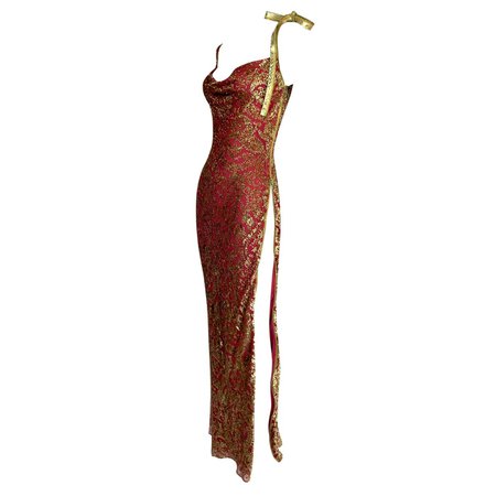 S/S 2001 Christian Dior John Galliano Red and Gold Zipper High Slit Gown Dress For Sale at 1stDibs