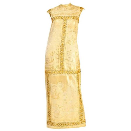 Asian Print Gold Lame Brocade Gown, 1960s For Sale at 1stdibs