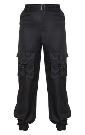 Tall Black Cargo Pocket Detail Buckle Trouser | PrettyLittleThing
