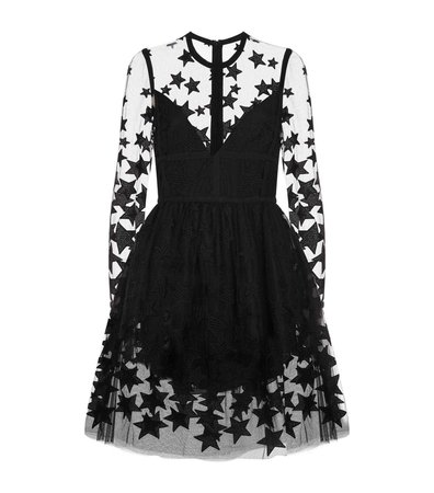 Women's Black Star Embroidered Tulle Mini Dress
