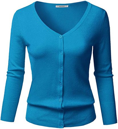 Women's Solid Button Down V-Neck 3/4 Sleeves Knit Cardigan at Amazon Women’s Clothing store