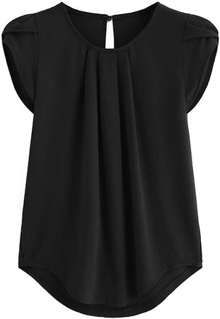 Milumia Women's Casual Round Neck Basic Pleated Top Cap Sleeve Curved Keyhole Back Blouse Black X-Large at Amazon Women’s Clothing store