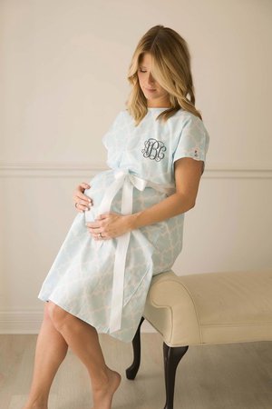 Monogrammed Labor Gown Blue Quatrefoil - The Pink Lily