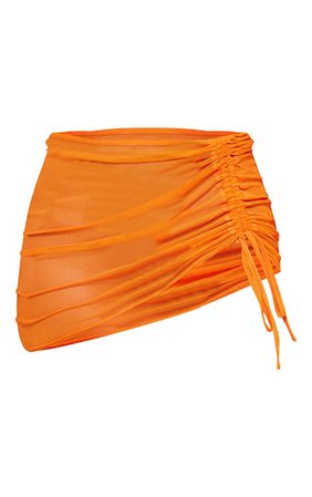 Hot Orange Mesh Ruched Side Beach Skirt | PrettyLittleThing