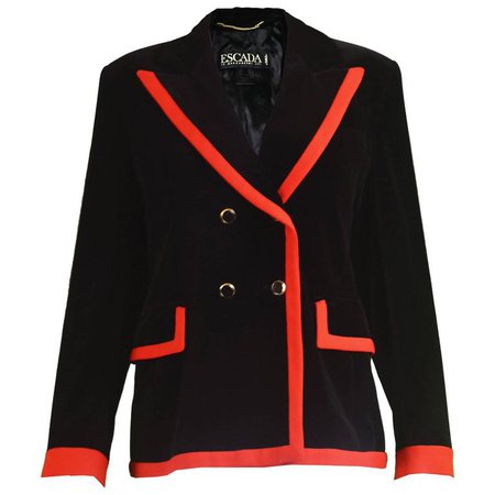 Escada Black Velvet and Red Crepe Womens Vintage Tailored Blazer, 1980s For Sale at 1stdibs