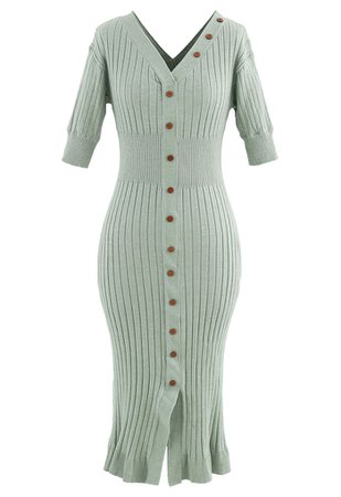 V-Neck Ruffle Button Trim Ribbed Knit Midi Dress in Pea Green - Retro, Indie and Unique Fashion