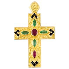 Georgios Collection 18 Karat Gold Ruby, Sapphire And Emerald Byzantine Cross