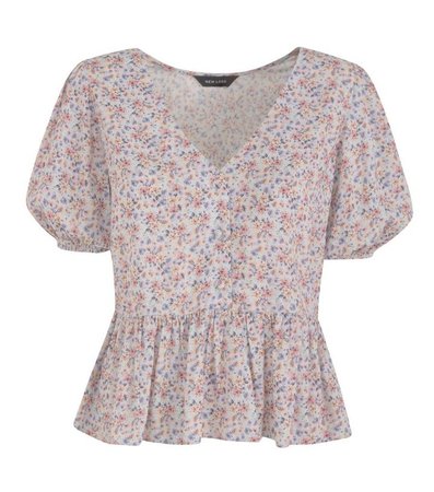 Blue Ditsy Floral Puff Sleeve Peplum Blouse | New Look