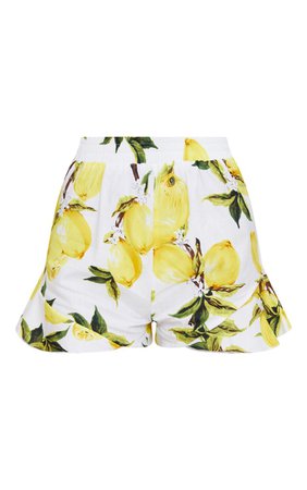 Cream Lemon Print Ruffle Shorts | Shorts | PrettyLittleThing USA