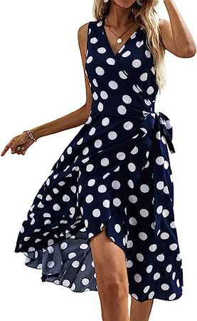 MakeMeChic Women's Polka Dot Sleeveless V Neck Wrap Ruffle A Line Midi Summer Dress at Amazon Women’s Clothing store