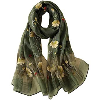Alysee Women Soft Warm Silk&Wool Mixed Gradient Embroidered Scarf Headwrap Shawl Olive Green at Amazon Women’s Clothing store