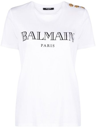 Balmain logo print T-shirt white VF11350B029 - Farfetch