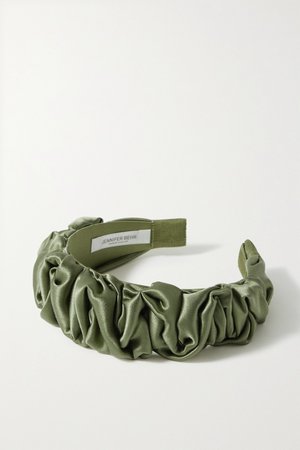 Army green Amelia ruched silk-satin headband | Jennifer Behr | NET-A-PORTER