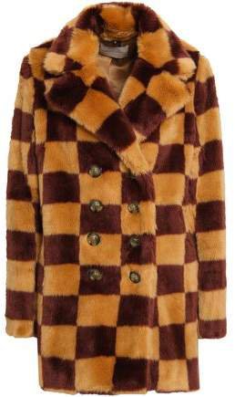 Double-breasted Checked Faux Fur Coat
