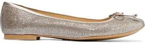 Bow-embellished Glittered Woven Ballet Flats