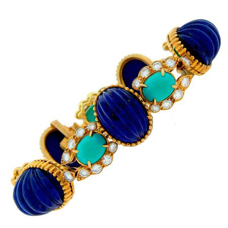 Van Cleef and Arpels Lapis Lazuli Turquoise Diamond Gold Bracelet c1970s at 1stDibs