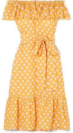 Mira Off-the-shoulder Polka-dot Linen Midi Dress - Orange