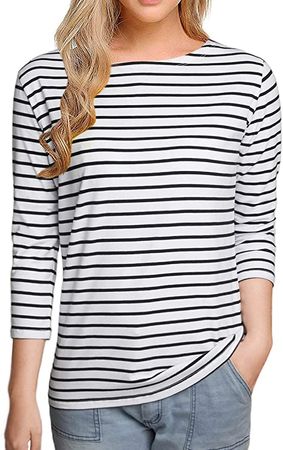 Remidoo Women Striped 3/4 Sleeve T-Shirt Slim Fit Tee Shirt Blouses Tops at Amazon Women’s Clothing store