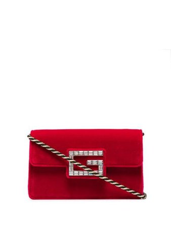 Gucci Red Broadway Velvet Crystal G Shoulder Bag 5442429STCX | Farfetch