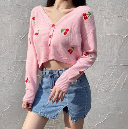 Cute Cardigan Aesthetic knitted Harajuku Cherry Embroidered | Etsy