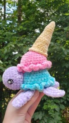 Pink and blue ice cream with waffle cone turtle crochet