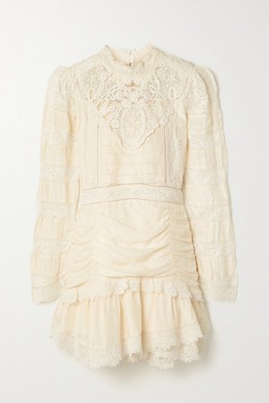 Harmon Ruched Crocheted Silk Mini Dress - Cream