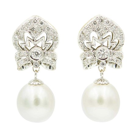 Diamond Shield Pearl Drop Dangle White Gold Earrings For Sale at 1stDibs