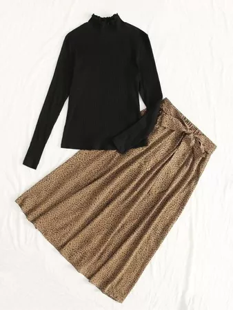 Rib-knit Tee & Leopard Tie Front Skirt Set | SHEIN USA black