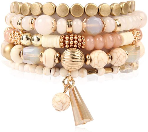 Amazon.com: Bohemian Mix Bead Multi Layer Versatile Statement Bracelets - Stackable Beaded Strand Stretch Bangles Sparkly Crystal, Tassel Charm (Natural): Clothing, Shoes & Jewelry
