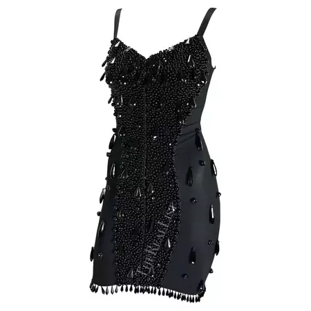 F/W 1989 Dolce and Gabbana Runway Black Beaded Bustier Bodycon Mini Dress For Sale at 1stDibs