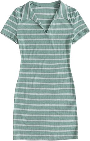 Floerns Women's V Neck Short Sleeve Striped Bodycon T Shirt Dress Green L at Amazon Women’s Clothing store