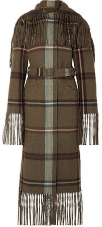 Belted Fringed Checked Flannel Coat - Army green