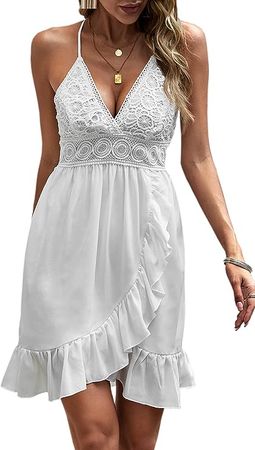 ECOWISH Summer Dresses for Women 2023 Sexy Lace V Neck Spaghetti Strap Tie Back Sleeveless Sundress Ruffle Short Boho Dress White Large at Amazon Women’s Clothing store