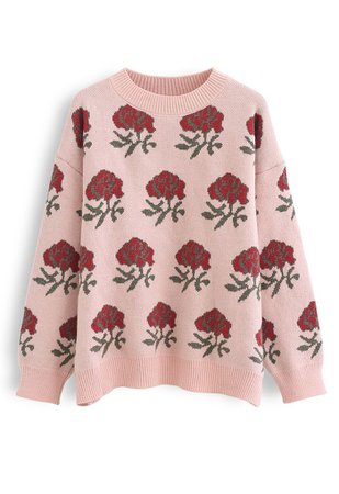 Rosie's Roses Oversize Knit Sweater in Pink - Retro, Indie and Unique Fashion