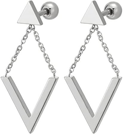 Pair Womens Girls Stainless Steel Dangle Triangle Link Chain Stud Earrings, Screw Back: Amazon.co.uk: Jewellery