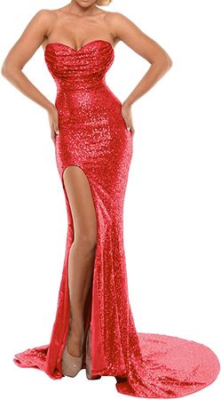BEAUTBRIDE Women's Mermaid Evening Dress With Slit Sequins Prom Gown 16 Red B at Amazon Women’s Clothing store