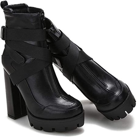 Amazon.com | Women's Platform Combat Boots Round Toe High Heels Ankle Boots Strap Adjustable Buckle Zipper Short Boot Block Chunky Heel Booties | Ankle & Bootie