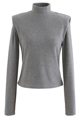 Padded Shoulder High Neck Fleece Top in Grey - Retro, Indie and Unique Fashion