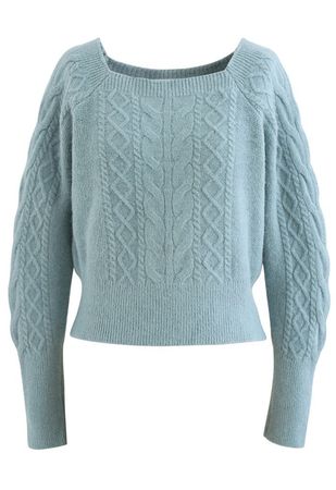 Cropped Square Neck Braid Knit Sweater in Turquoise - Retro, Indie and Unique Fashion