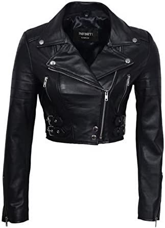 Women’s Chic Black Cropped Leather Biker Jacket 10 at Amazon Women's Coats Shop