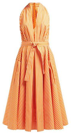 Belted Striped Cotton Midi Dress - Womens - Orange Multi