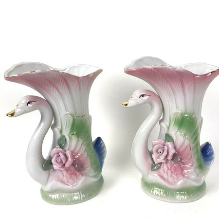 Vtg Swan Vases Set Of 2 White Pink Rose Flowers Gold Trim Shabby Grandmillenial | eBay