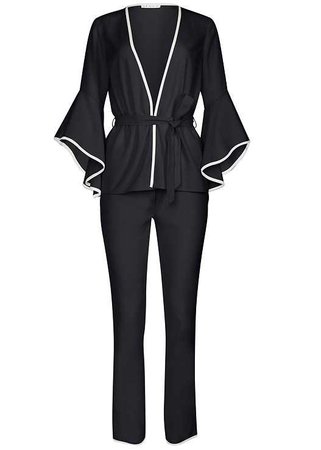 Sleeve Detail Pant Suit in Black & White | VENUS