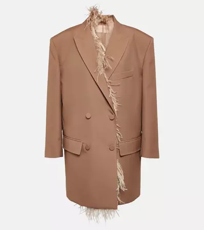 Feather Trimmed Double Breasted Blazer in Brown - Valentino | Mytheresa
