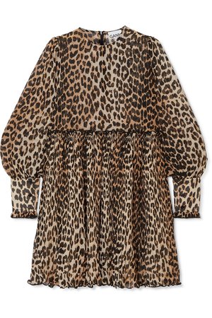 GANNI | Plissé leopard-print georgette mini dress | NET-A-PORTER.COM