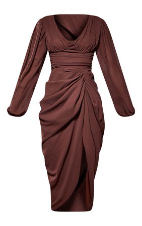 Chocolate Chiffon Back Draped Midi Dress | PrettyLittleThing USA
