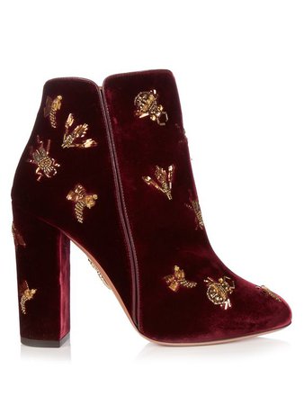Aquazzura Women's Red Fauna Insect-embellished Velvet Ankle Boots