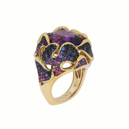Mousson Atelier Amethyst 11.87 Carat Pink Blue Black Sapphire 18 Karat Yellow Gold Ring